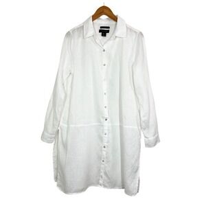 Tahari White 100% Linen Button-Down Tunic Shirt Dress Size L Costal Minimalist